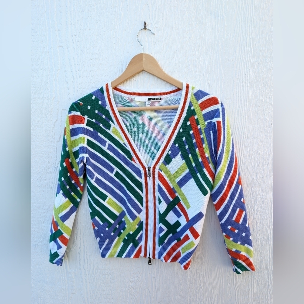 Tracy Reese White Multicolor Geometric Zip Cardigan